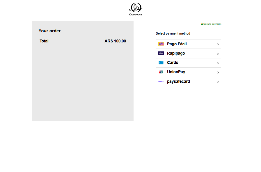 Checkout page showing ARS 100.00 order total and payment method list with Pago F&aacute;cil, Rapipago, Cards, UnionPay, and paysafecard.